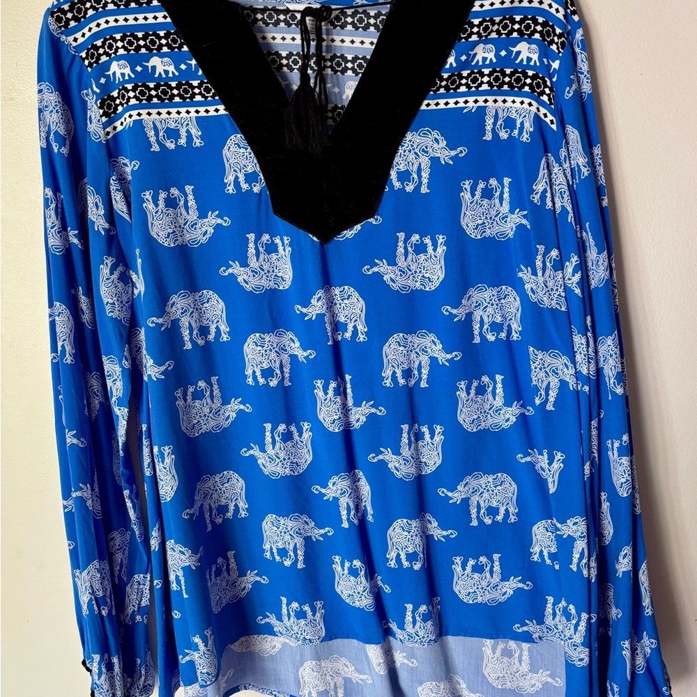 Crown & Ivy Blue and Black Elephant Print Blouse, 1X